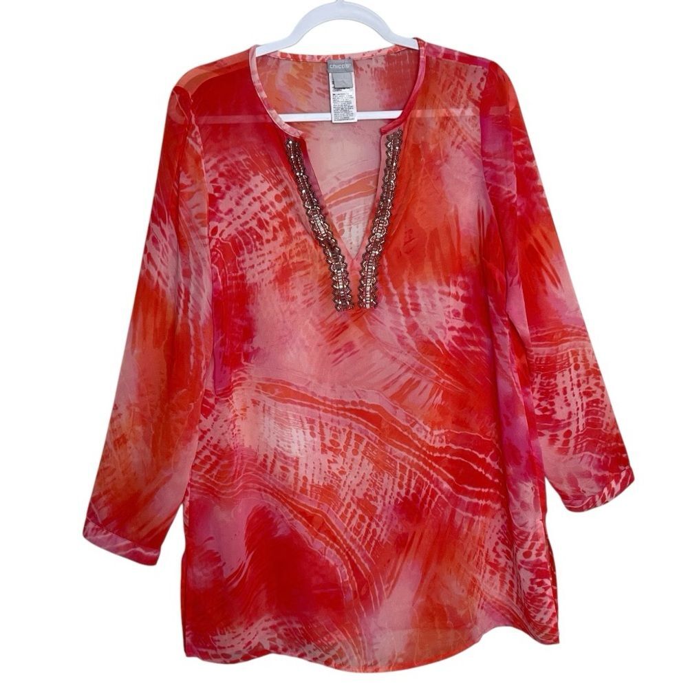 Chico's Beaded V-Neck Tunic Size 1 (M) Lightweight Sheer Bohemian Artsy Chic